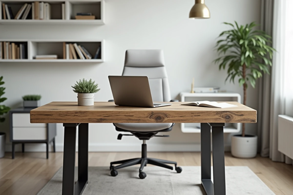 Bureau en bois récupéré vintage intégré dans un bureau moderne minimaliste avec étagères blanches et chaise ergonomique grise