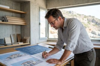 Architecte d'un bureau d'études examinant les plans d'une villa méditerranéenne à Villefranche-sur-Mer