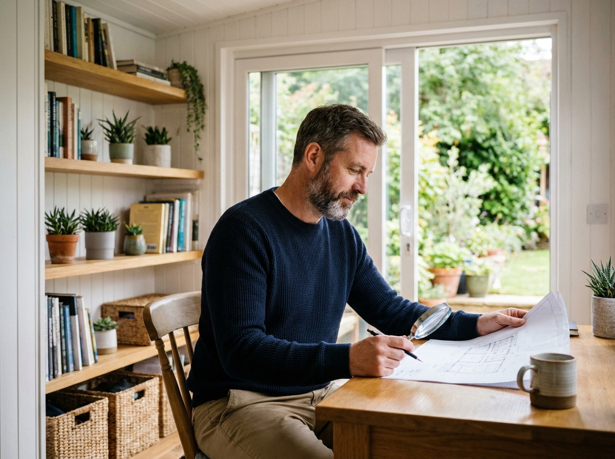 Homme travaillant dans un bureau aménagé à l'intérieur d'une maison de jardin moderne