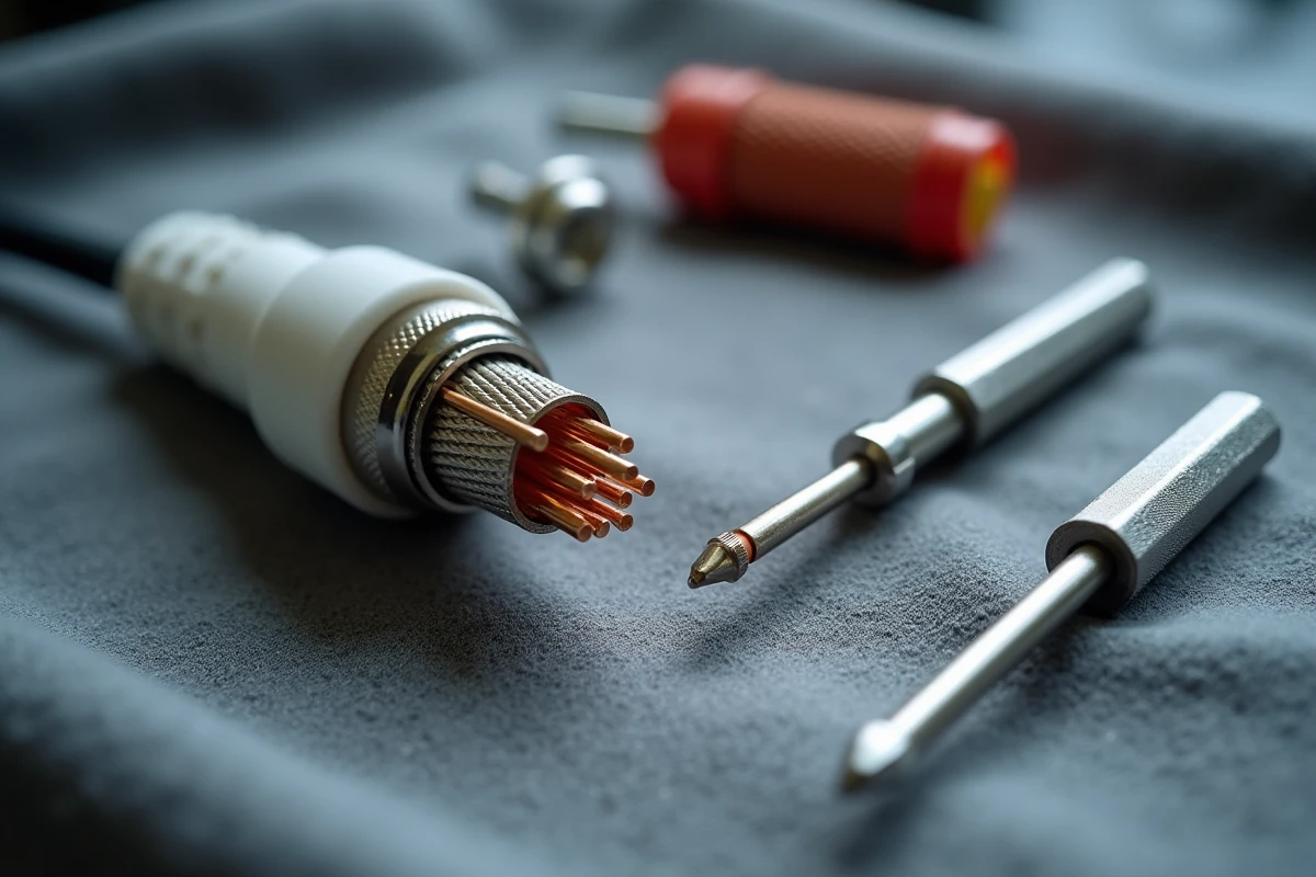 Gros plan sur un câble coaxial dénudé prêt à être branché sur une prise d'antenne TV avec les outils nécessaires