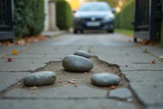 Trois cailloux disposés en triangle devant un portail résidentiel, signe potentiel de marquage de cambriolage sur une allée en béton