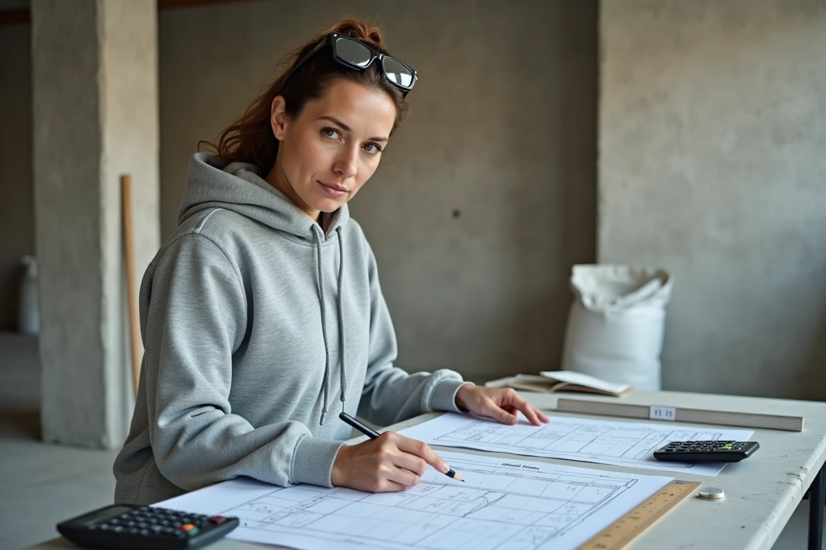 Femme calculant l'épaisseur d'une chape sur un chantier avec plans et calculatrice