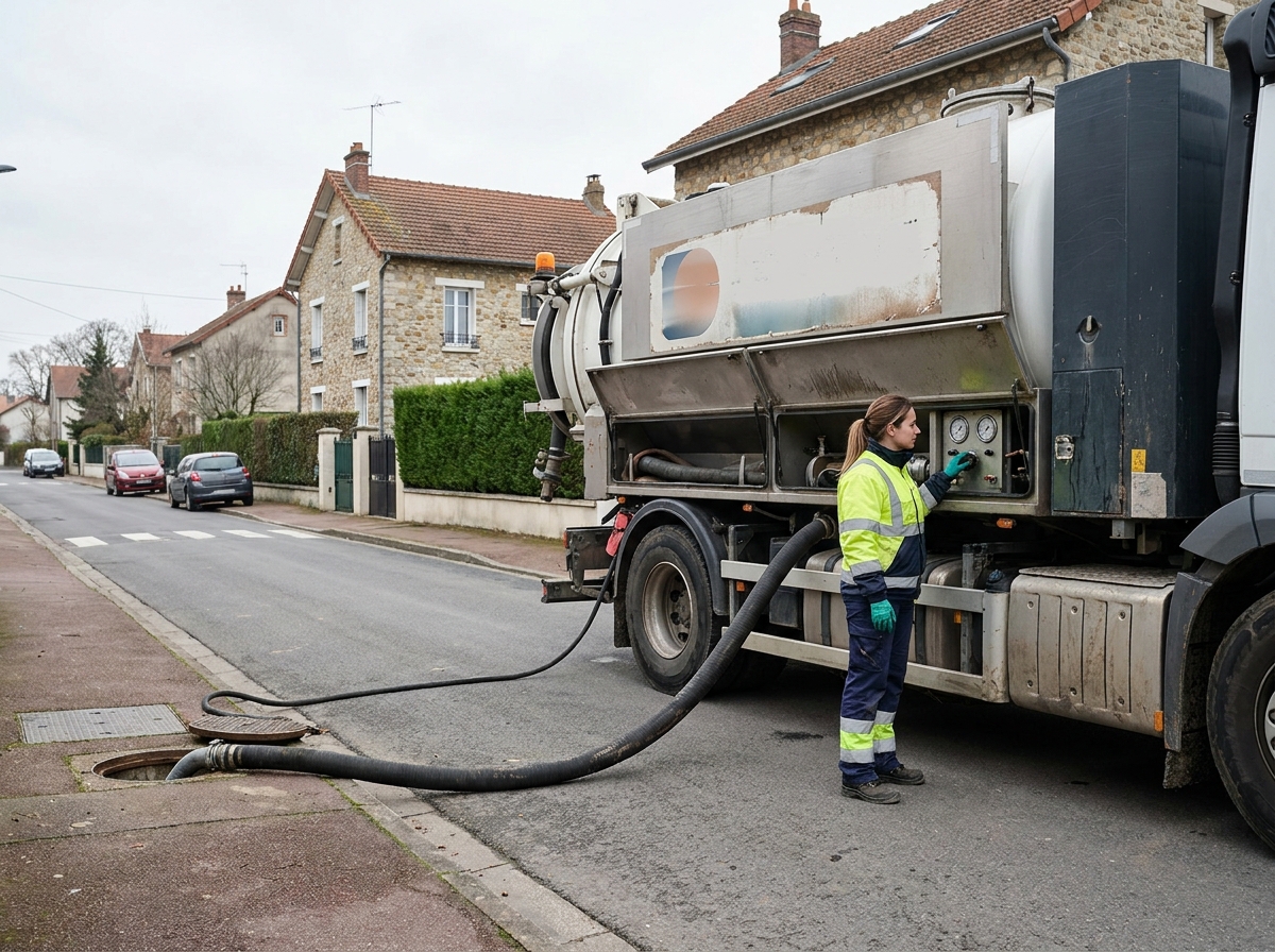 Camion de vidange de fosse septique garé devant une maison résidentielle, technicienne surveillant le pompage