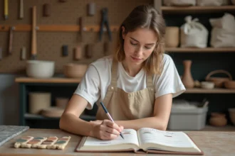 Céramiste tenant un carnet de tests d'émaux avec fiches de couleurs et annotations manuscrites dans un atelier de poterie
