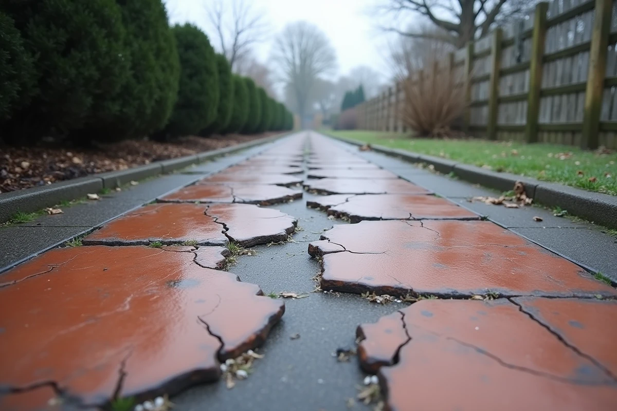 Allée extérieure en carrelage terracotta fissuré et soulevé par le gel en hiver faute de joints de dilatation adaptés