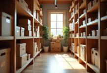 Cave de rangement propre avec étagères en bois et boîtes étiquetées