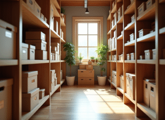 Louer une cave : conseils pour trouver son espace de stockage parfait Cave de rangement propre avec étagères en bois et boîtes étiquetées