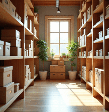 Cave de rangement propre avec étagères en bois et boîtes étiquetées