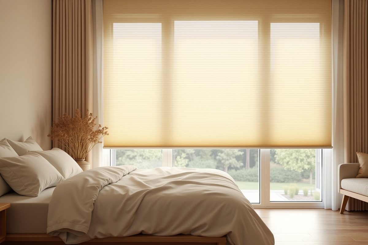 Chambre chaleureuse avec volets cellulaires beige et lumière douce