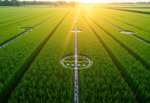 Champ agricole ensoleille avec lignes de mesure visibles