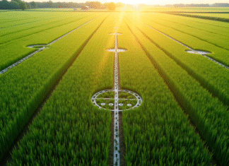 Champ agricole ensoleille avec lignes de mesure visibles