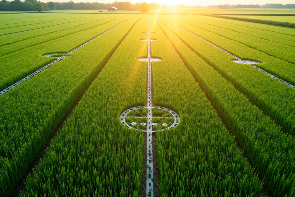 Champ agricole ensoleille avec lignes de mesure visibles