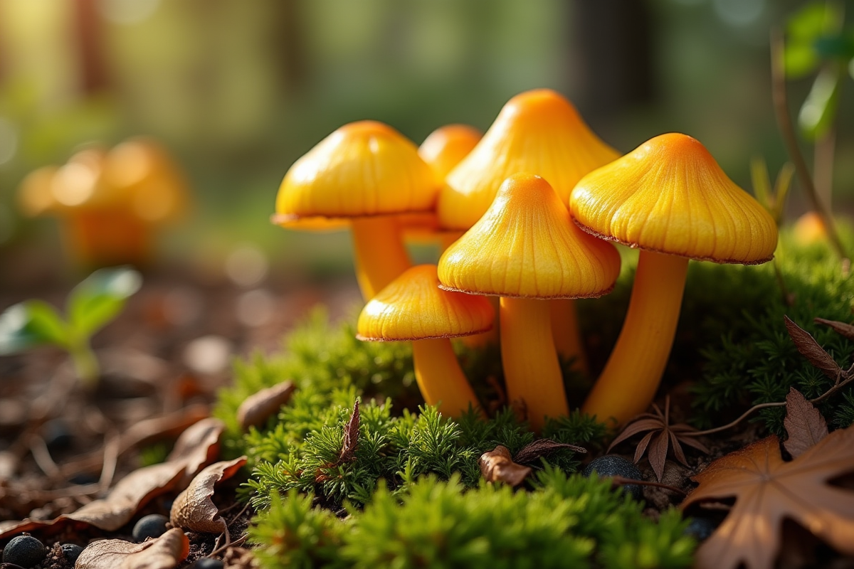 Champignons chanterelle jaunes parmi la mousse dans un jardin ensoleille
