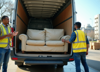 Meilleurs endroits pour se débarrasser de son ancien canapé : conseils pratiques Homme chargeant un canapé usé dans une camionnette de recyclage en ville