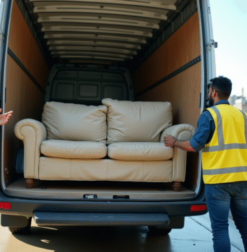Homme chargeant un canapé usé dans une camionnette de recyclage en ville