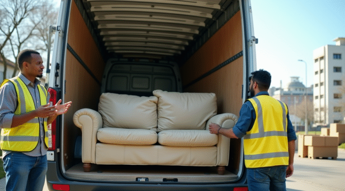 Homme chargeant un canapé usé dans une camionnette de recyclage en ville
