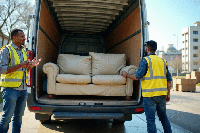 Homme chargeant un canapé usé dans une camionnette de recyclage en ville