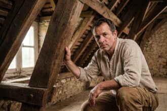 Charpentier inspectant les poutres en chêne d'une vieille charpente en bois dans un grenier de ferme ancienne