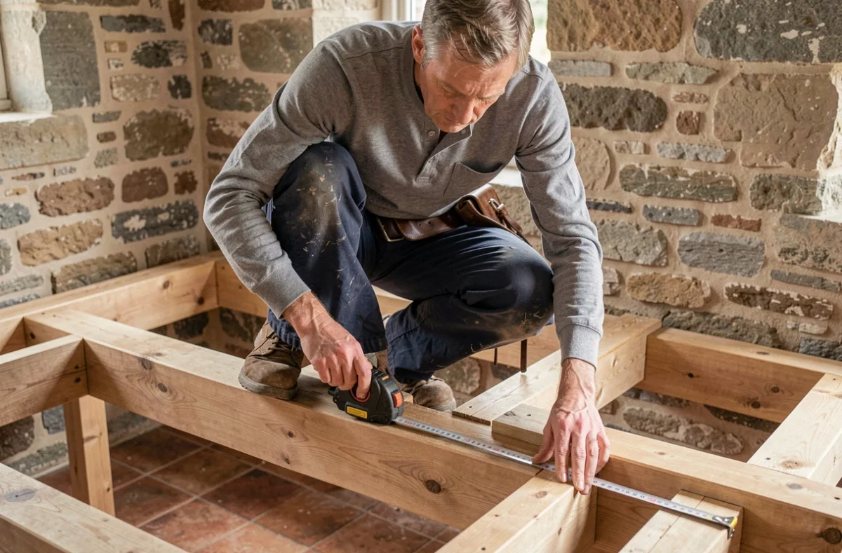 Charpentier mesurant une solive en bois massif sur un plancher de mezzanine en cours d'installation