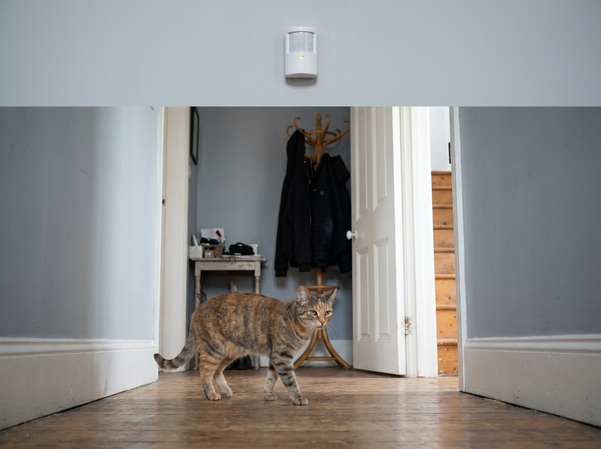 Chat tabby passant devant un détecteur de mouvement dans un couloir résidentiel