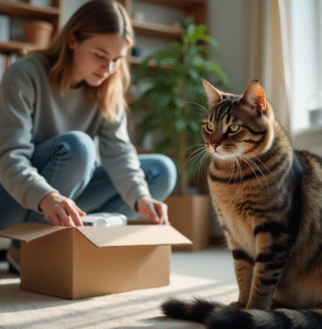 Chats : ils anticipent nos déménagements pour mieux s’adapter ? Chat tabby calme près d'une boîte en déménagement