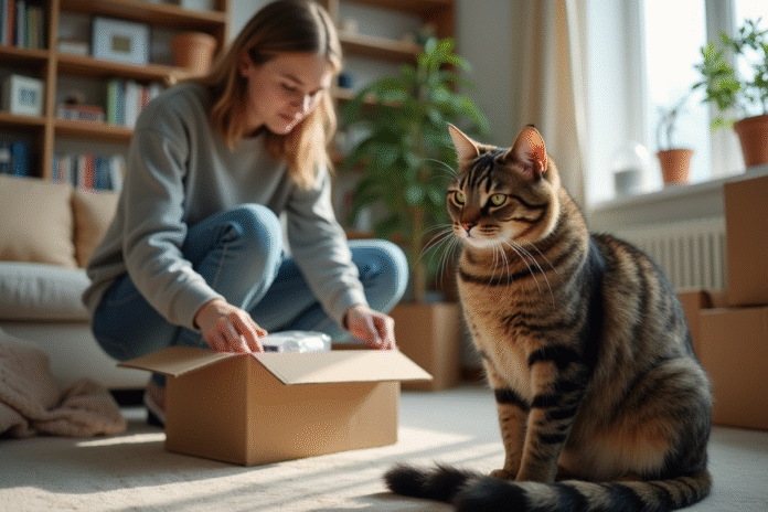 Chat tabby calme près d'une boîte en déménagement