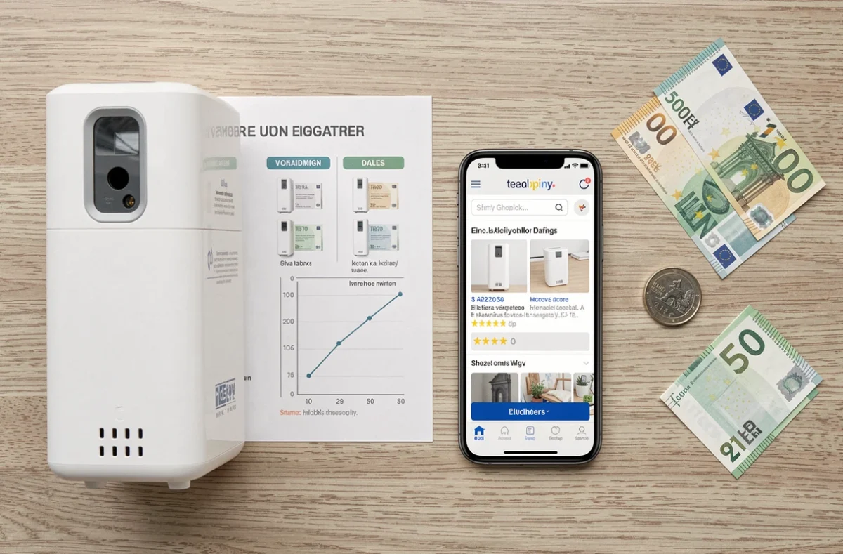 Vue du dessus d'un chauffrapide posé sur un bureau avec comparatif prix et smartphone pour acheter en ligne
