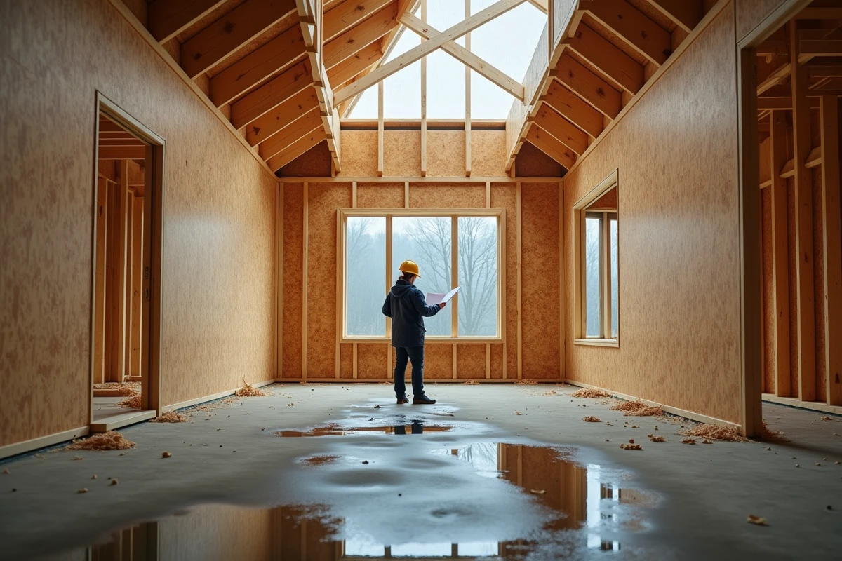 Chef de chantier féminine vérifiant l'installation de panneaux OSB extérieurs dans une ossature bois sous la pluie