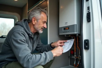 Camping-cariste consultant le code erreur affiché sur un chauffage Truma Combi 4 dans le compartiment technique d'un camping-car
