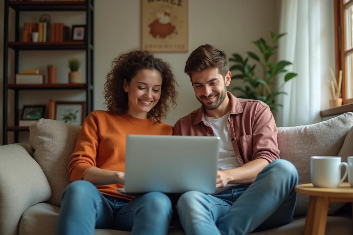 Deux colocataires comparant des offres d'assurance habitation en ligne sur un ordinateur portable dans leur salon