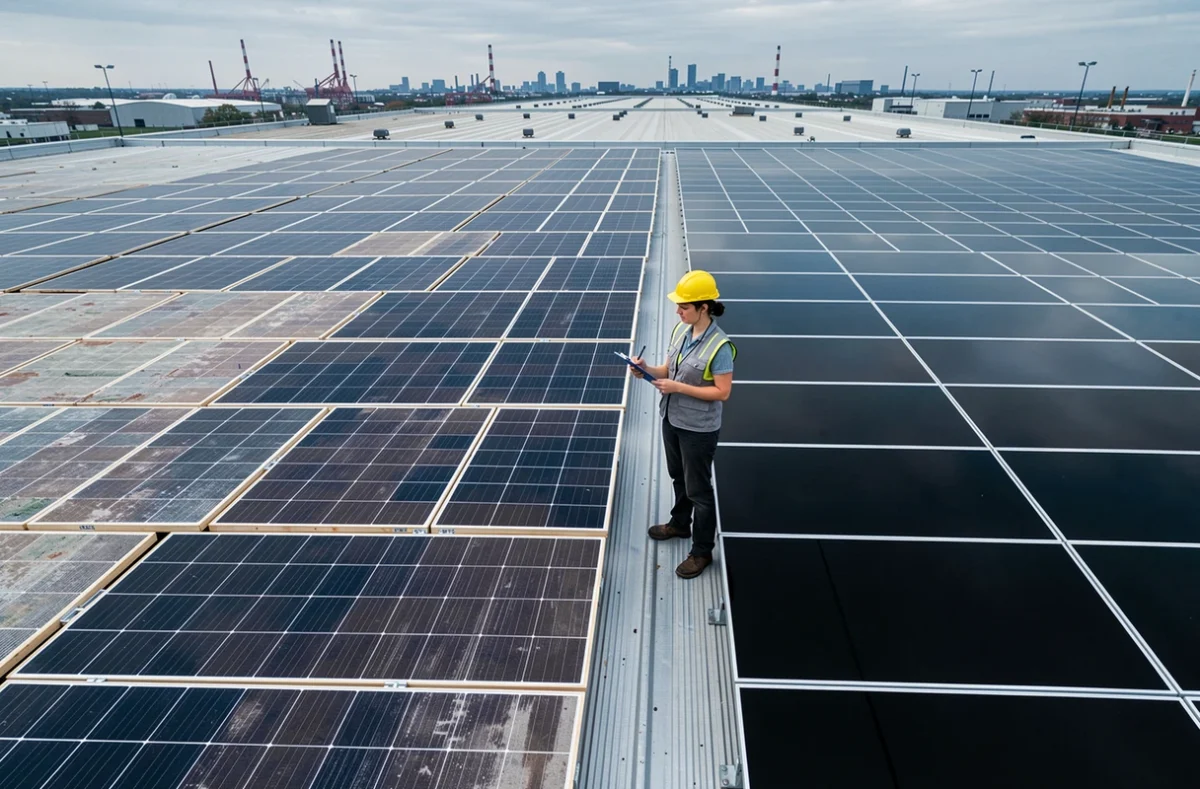 Comparaison entre anciens et nouveaux panneaux solaires sur un toit commercial avec ingénieure en inspection