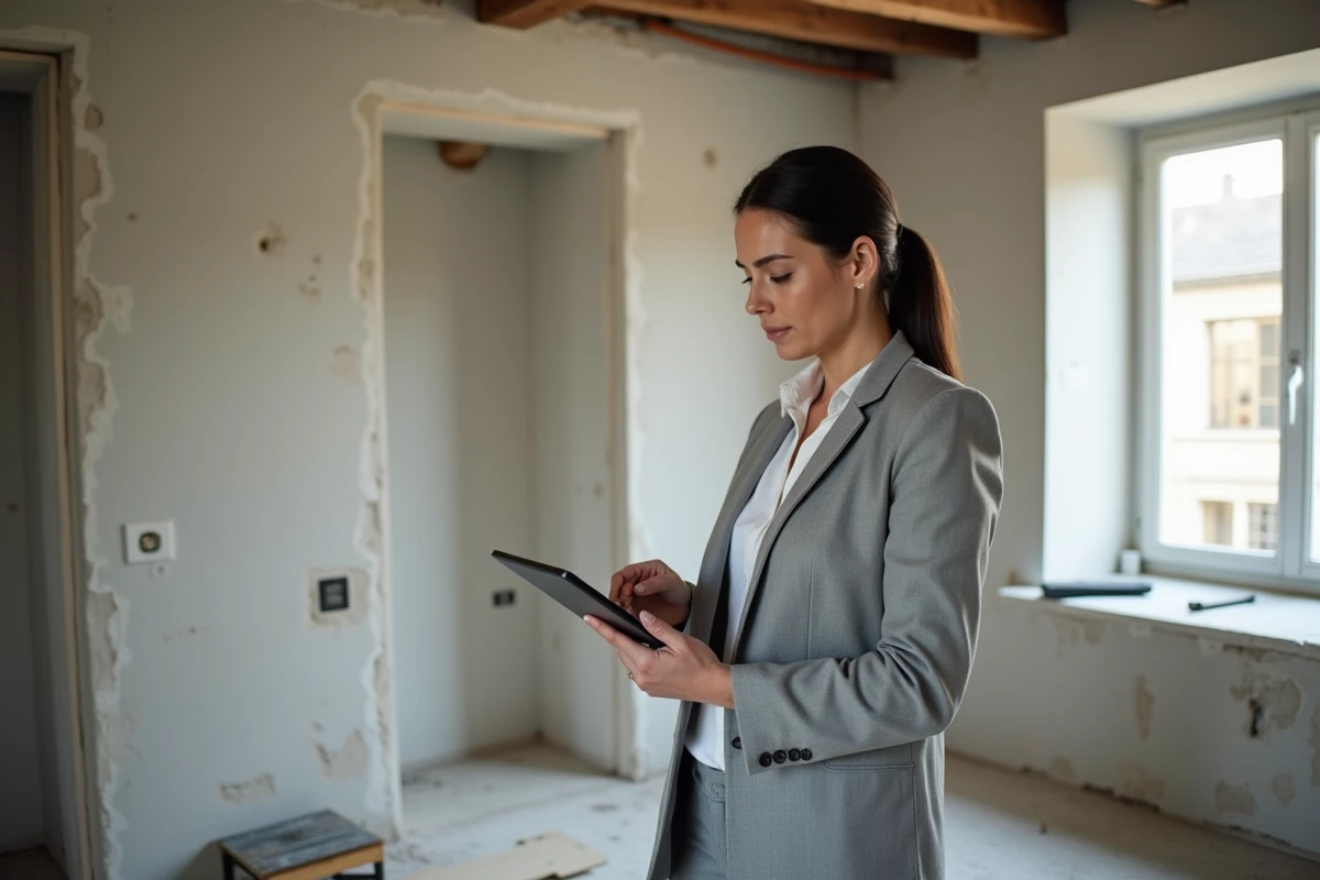 Femme comparant des devis de rénovation sur une tablette dans une cuisine en travaux à Nantes