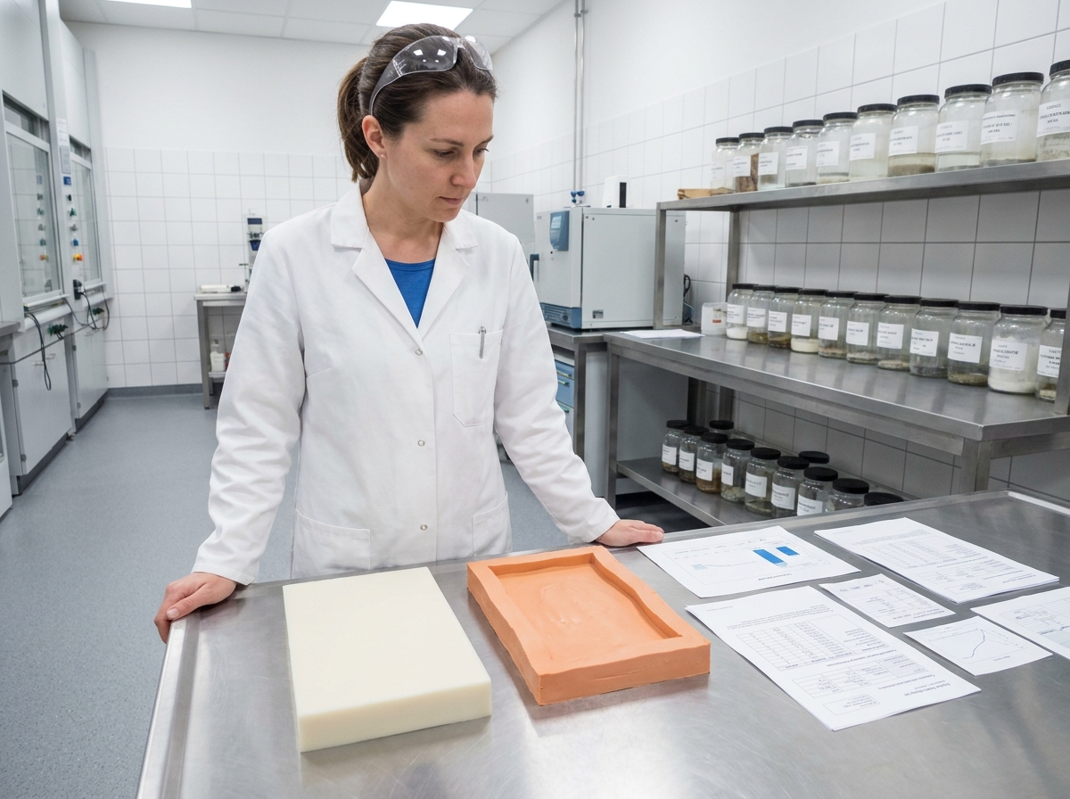 Femme technicienne comparant des échantillons de matériaux de moulage en polyuréthane et alginate dans un laboratoire professionnel