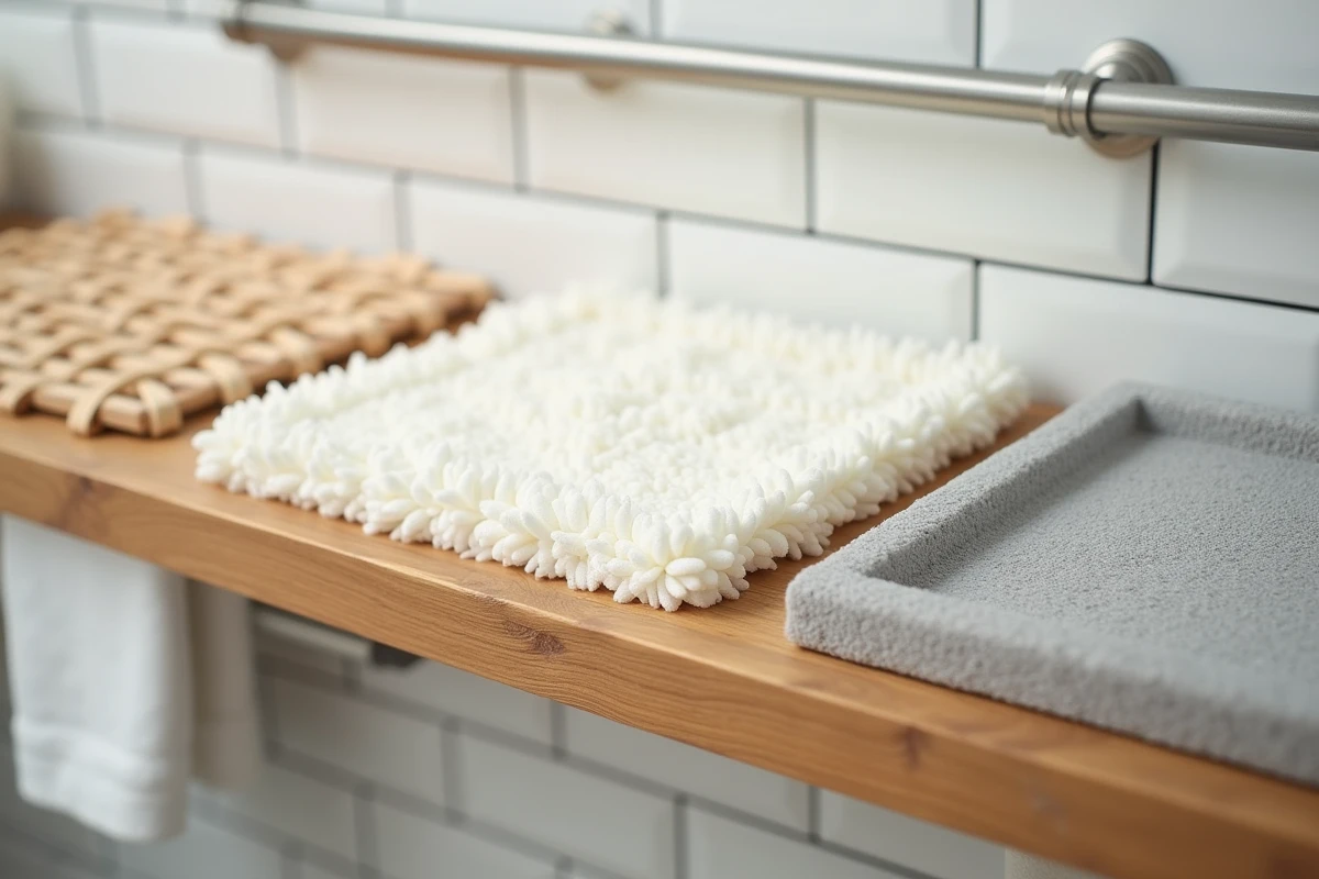 Comparaison de trois matières de tapis de salle de bains antidérapants : bambou, microfibre et pierre diatomite, sur étagère en chêne