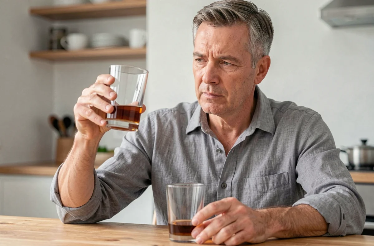 Homme comparant deux verres à whiskey de qualité différente à une table de cuisine moderne