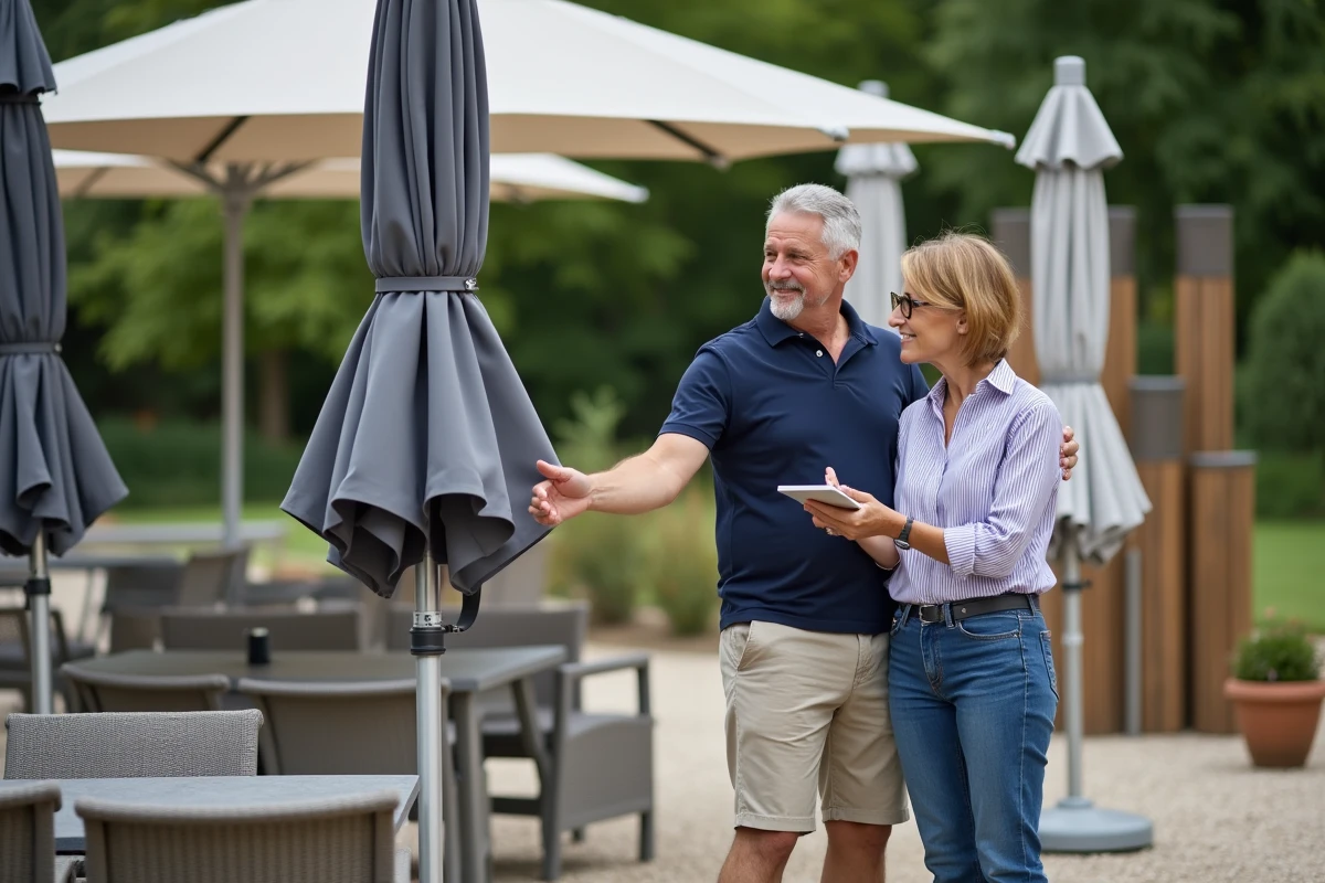 Couple comparant des parasols résistants au vent dans un magasin de mobilier de jardin en extérieur