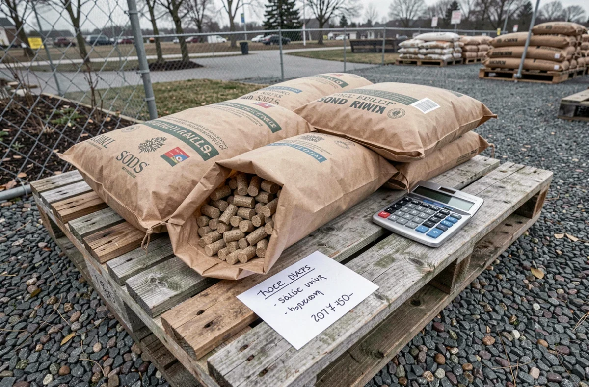 Vue aérienne de sacs de pellets de bois sur palette avec comparatif de prix et calculatrice dans un espace extérieur