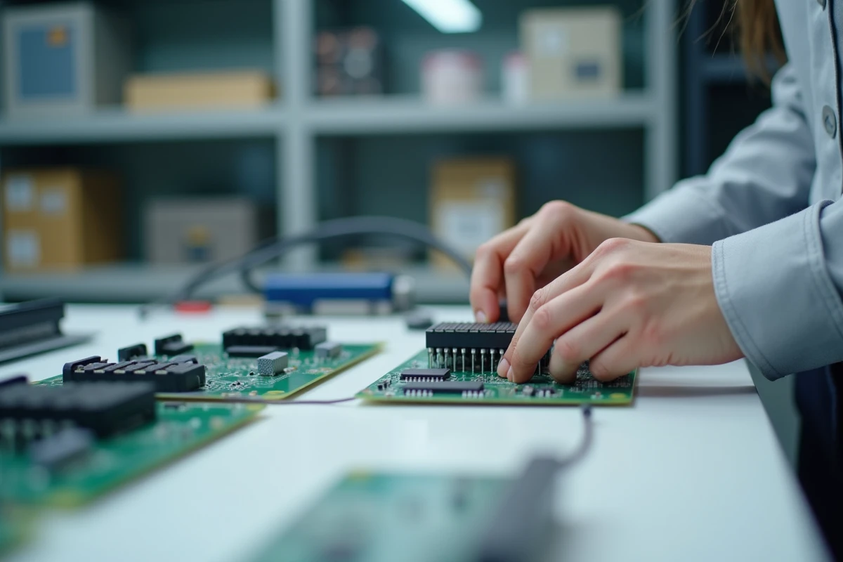 Technicienne inspectant un connecteur électrique sur circuit
