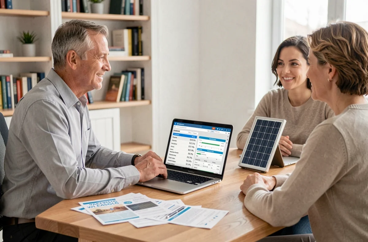Conseiller en énergie solaire présentant les tarifs des panneaux Sillia à un couple de propriétaires lors d'une consultation à domicile