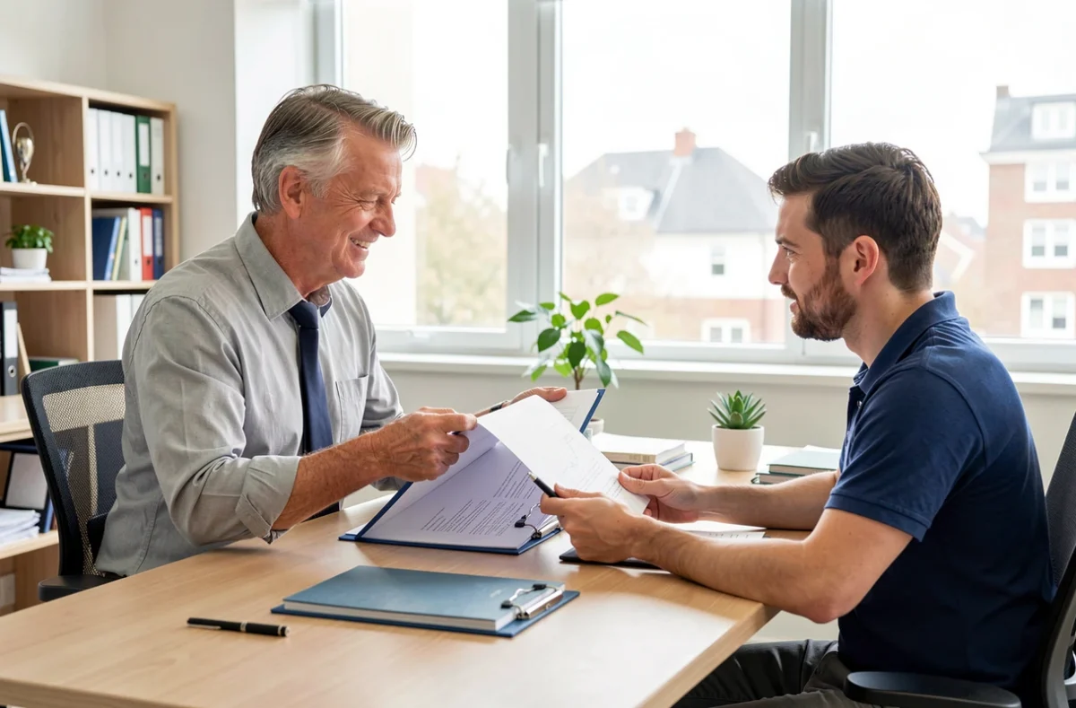 Conseillère d'un bailleur social recevant un couple dans un bureau
