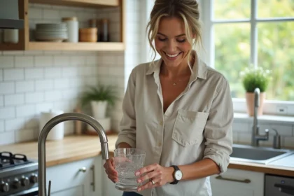 Femme remplissant un verre d'eau au robinet dans une cuisine moderne, illustrant la consommation quotidienne d'eau