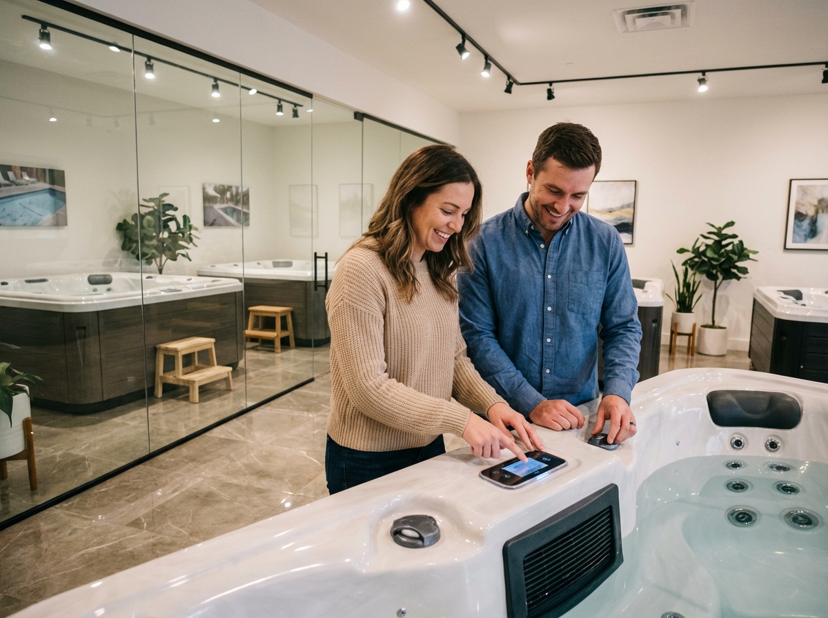 Jeune couple testant un spa intérieur en showroom