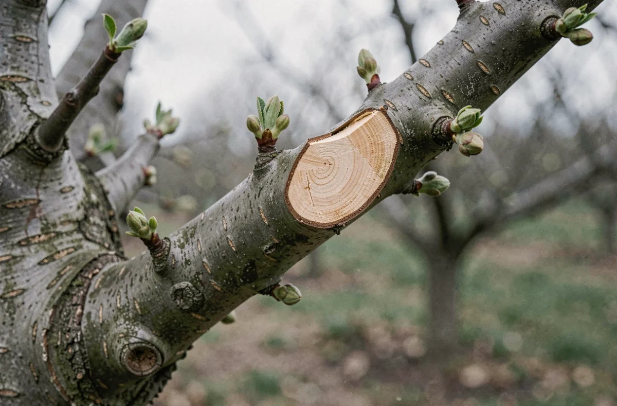 Gros plan sur des coupes nettes de taille sur un pommier avec bourgeons naissants en fin d'hiver dans un verger