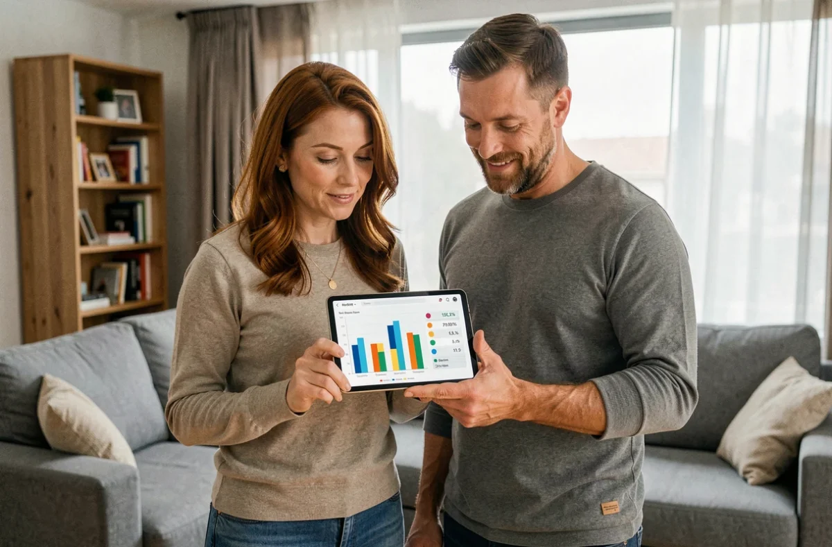Couple analysant les dépenses électriques par pièce sur une tablette avec des graphiques de consommation