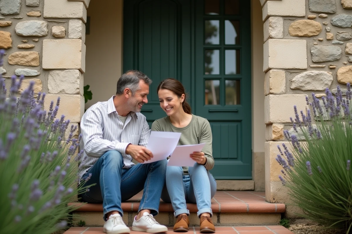 Couple examinant leur contrat d'assurance habitation devant une maison en pierre