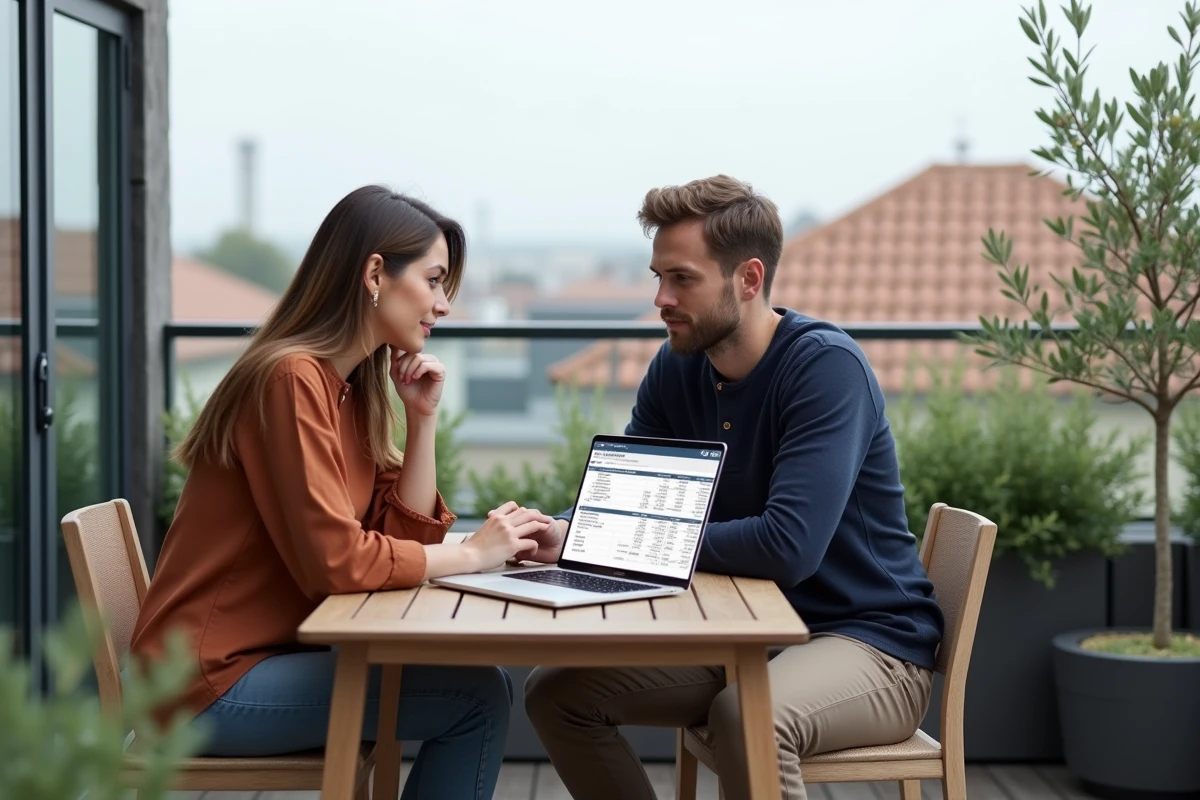Couple calculant le budget de leur toit terrasse sur un ordinateur portable en milieu urbain