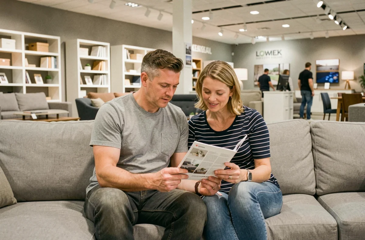 Couple feuilletant un catalogue de meubles assis sur un canapé d'exposition en magasin