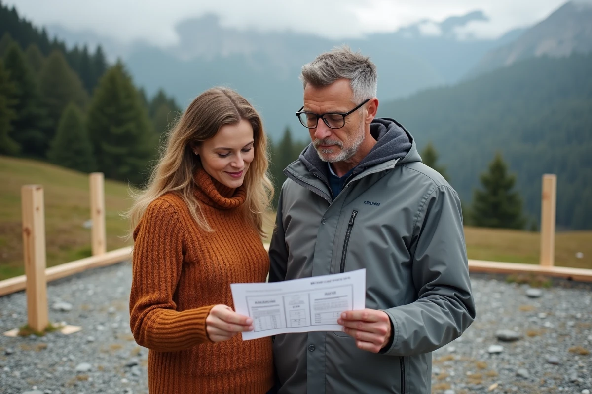 Couple étudiant un devis de construction de chalet habitable sur un terrain en montagne