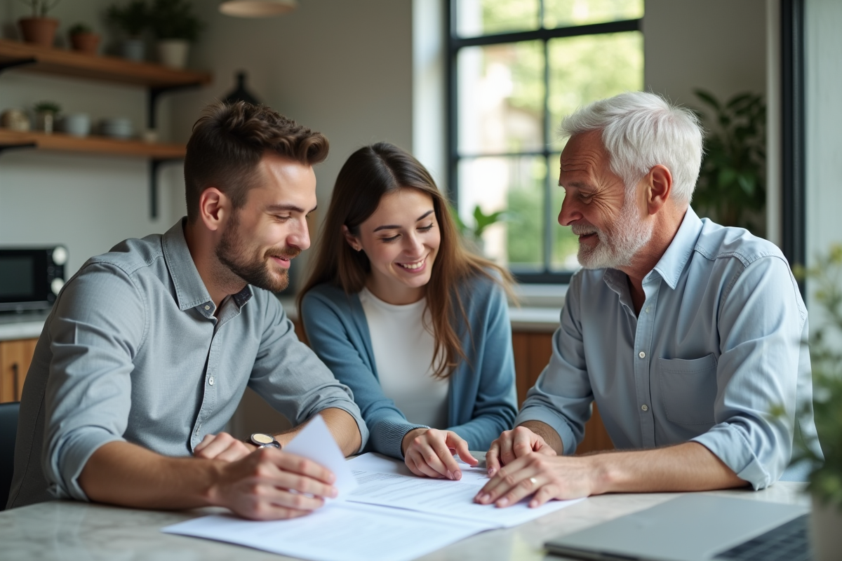 Jeune couple discute avec agent immobilier dans une cuisine chaleureuse