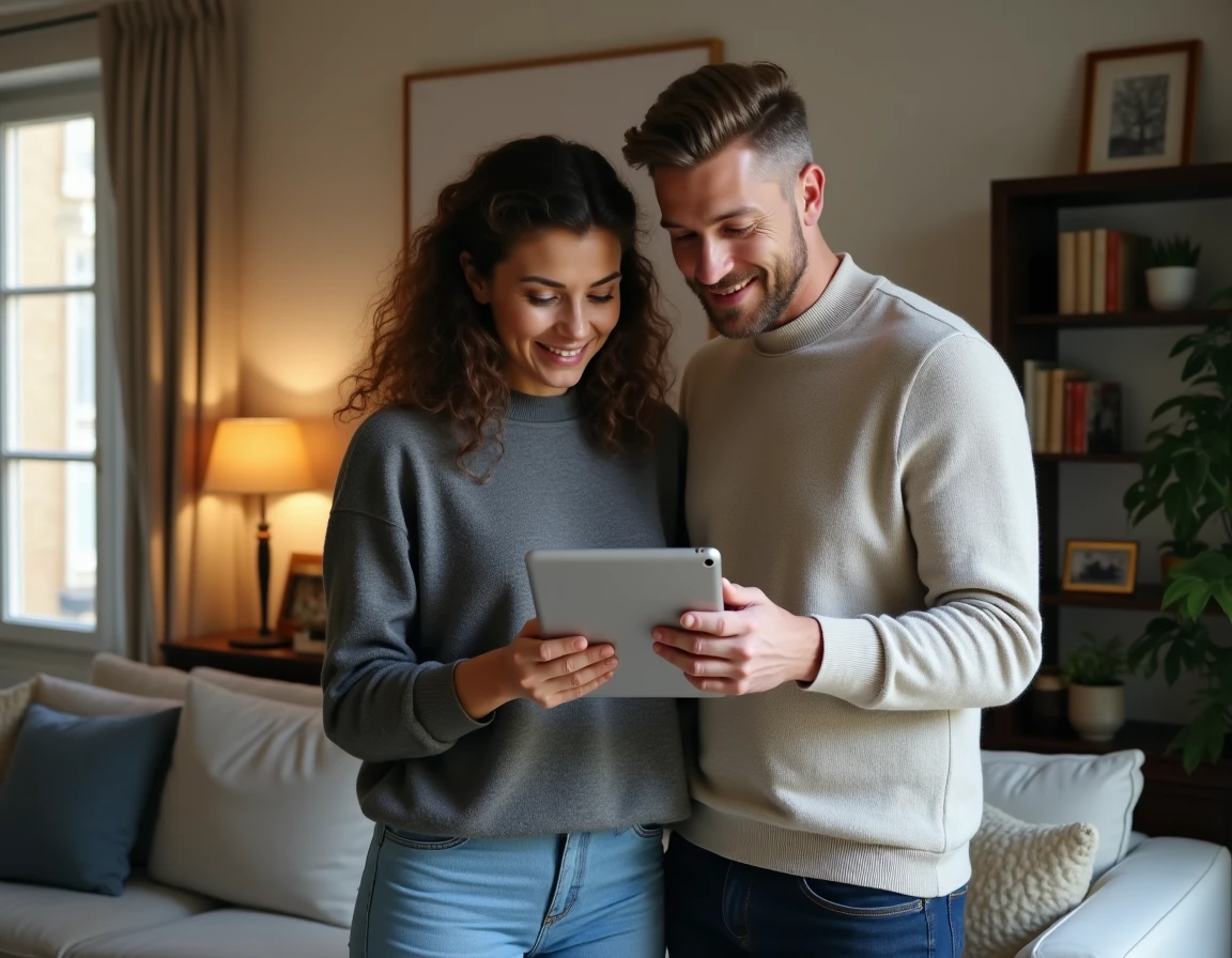 Couple consultant les garanties de leur assurance habitation Macif sur une tablette